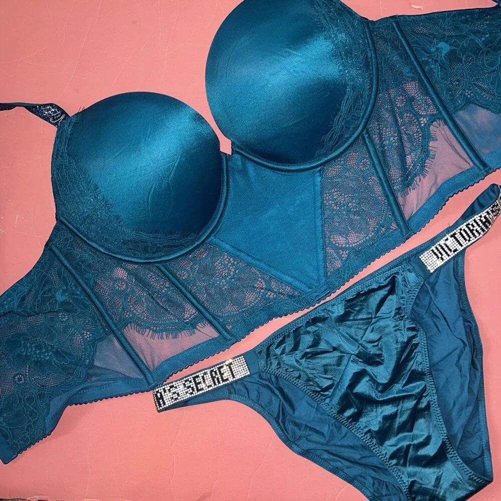 Victoria's Secret 34B,34DD,36C,36D,38DD CORSET TOP BRA SET BLUE TEAL SHINE STRAP